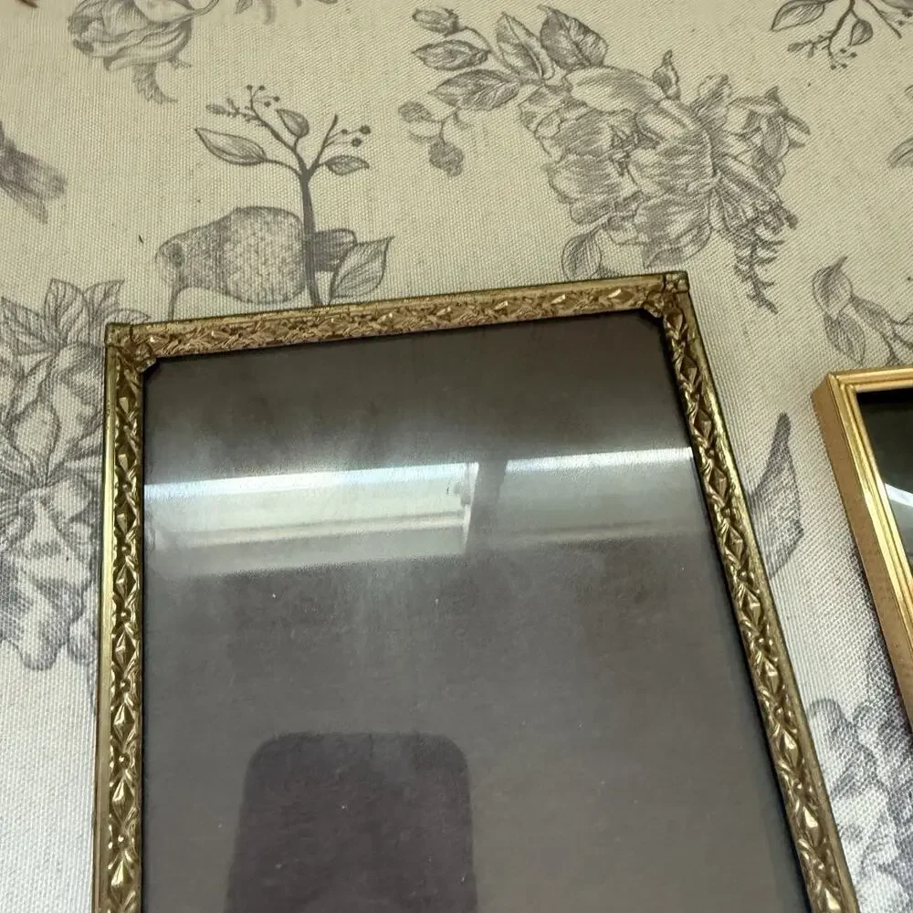 VTG Mid-Century Modern Ornate 5x7 3x4 Brass Gold Picture Frame Set 2 MCM Moody